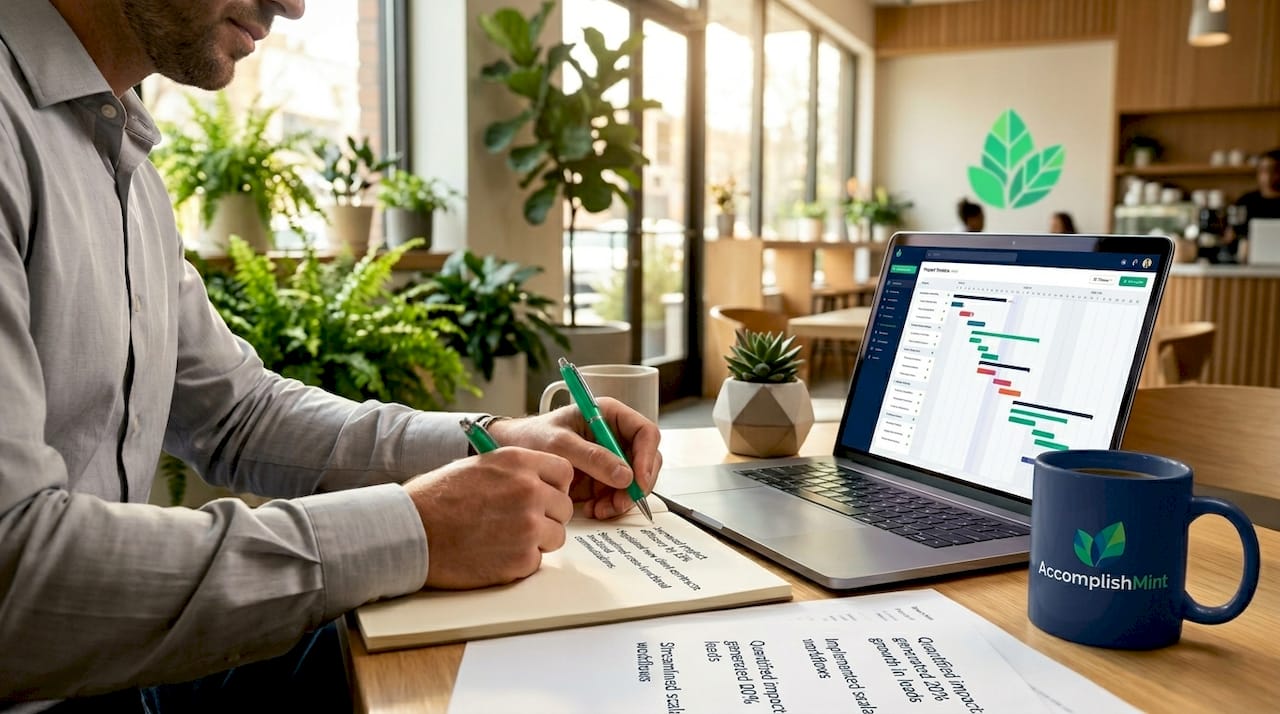 Hands writing accomplishment statement notes in office