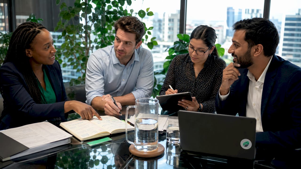 Managers discussing team engagement in office