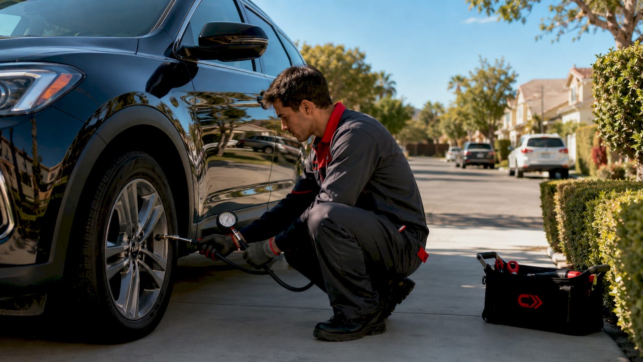 Mechanic checking tire pressure with tools nearby