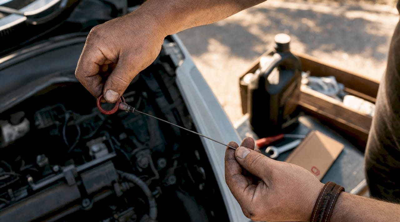 Close-up hands checking engine oil dipstick