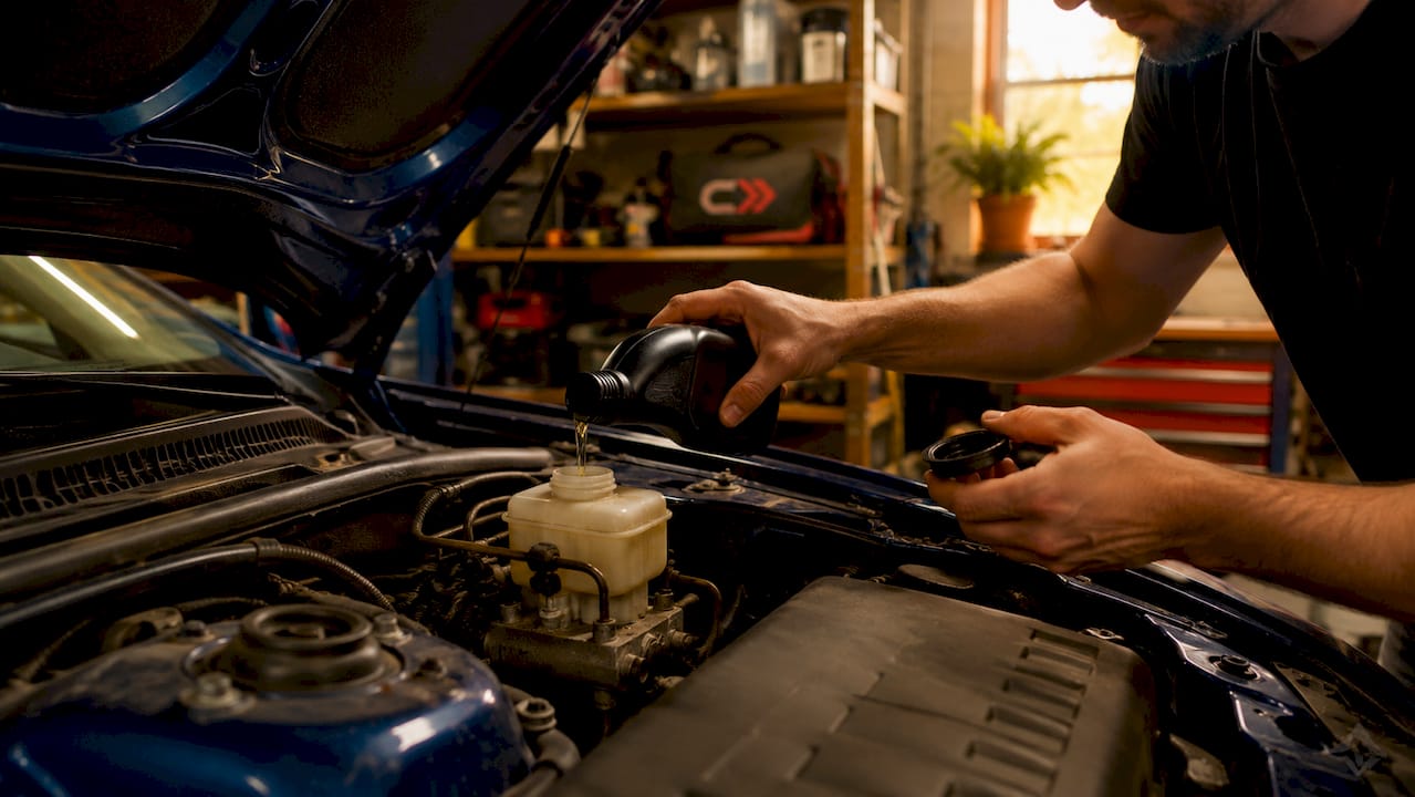 Hands refilling brake master cylinder reservoir fluid
