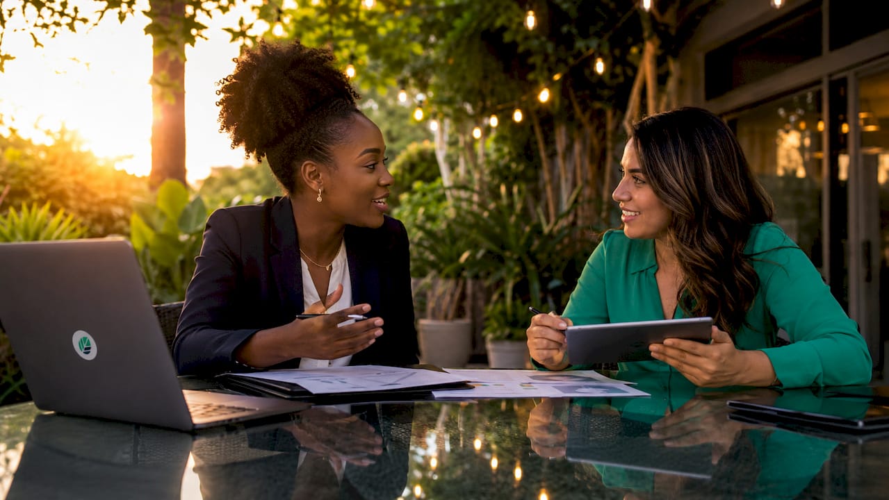 Two professionals discussing performance appraisal tools