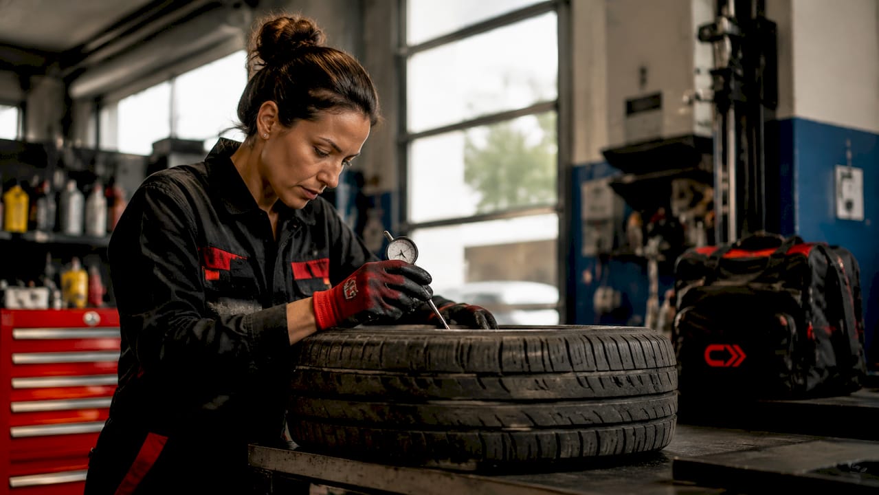 Technician inspecting car tire in workshop