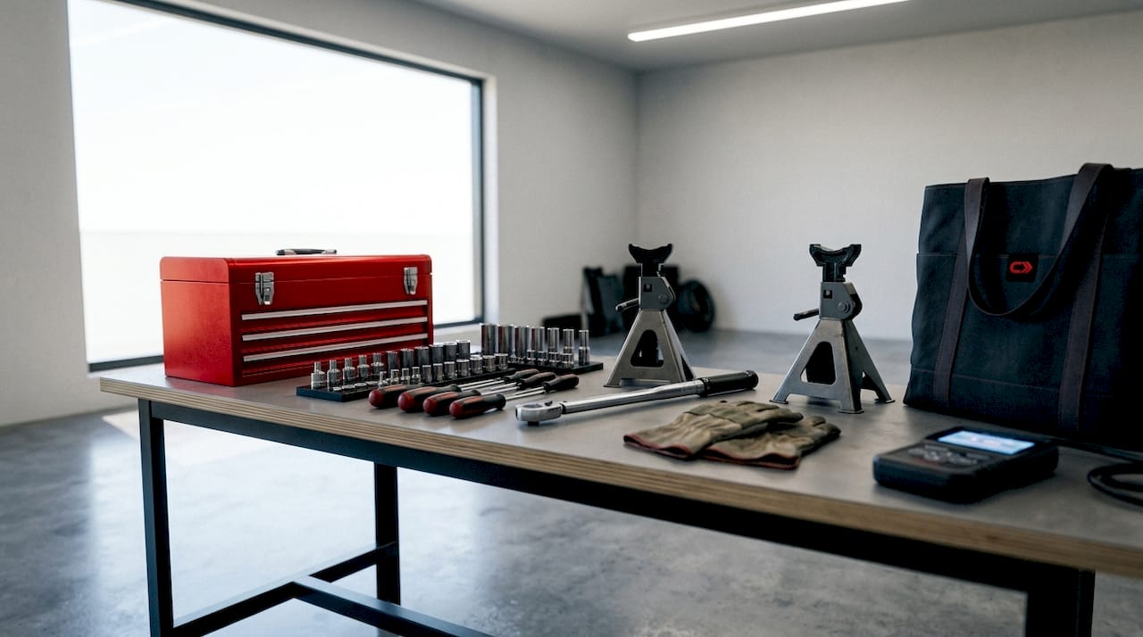 Close-up of repair tools on workbench