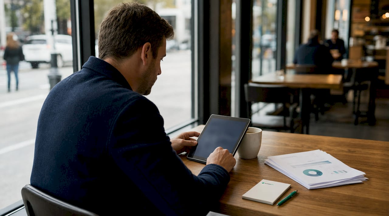 Close-up of sales rep's hands reviewing performance metrics