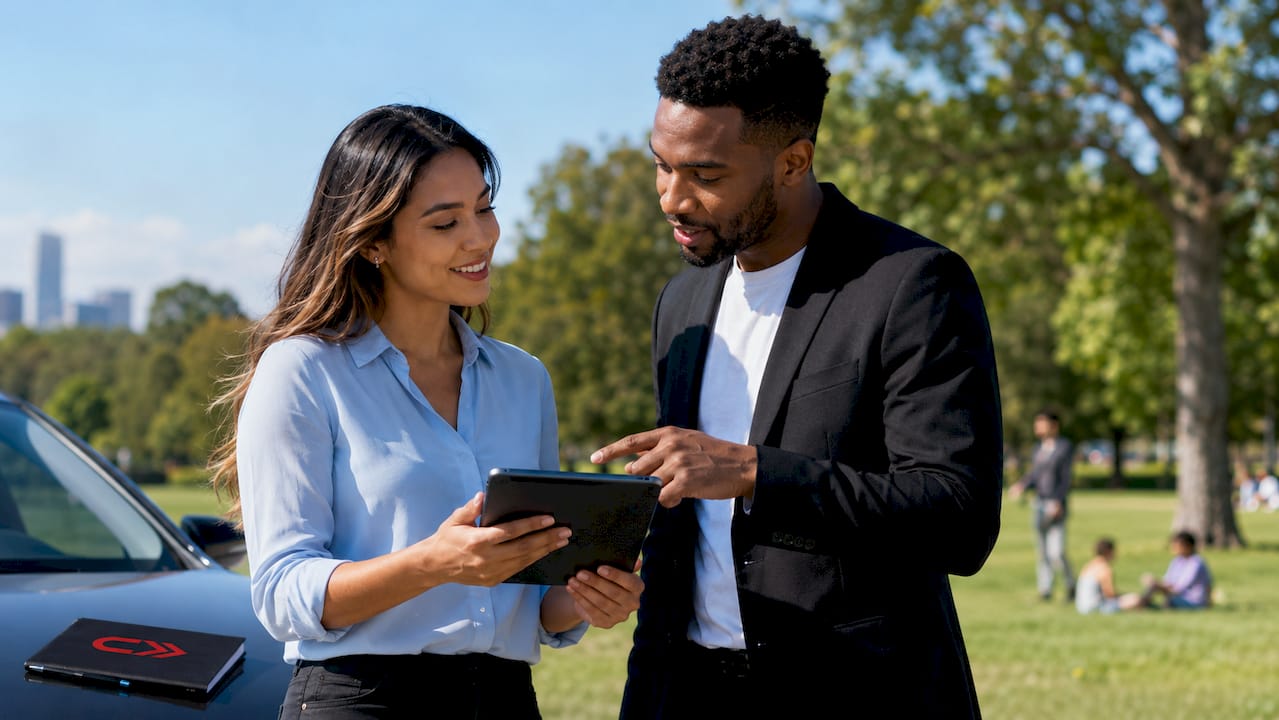 Couple discussing digital service records for used car