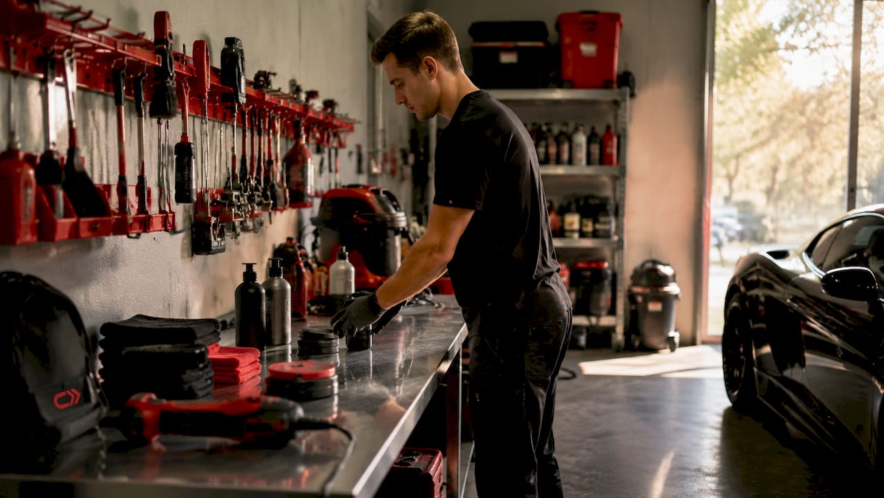Garage workspace with car detailing supplies
