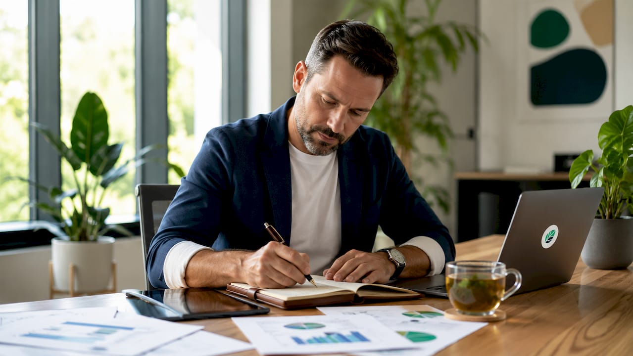 Manager writing self assessment notes at table