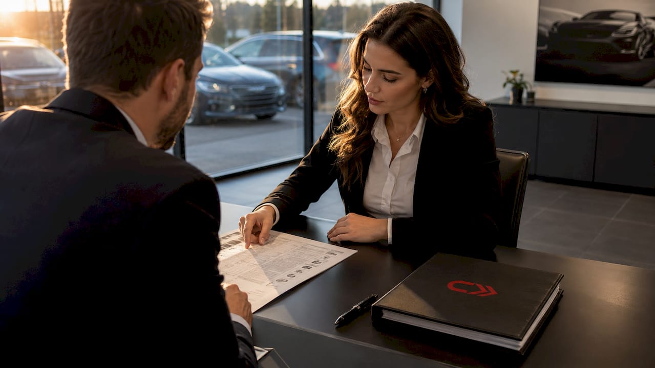 Buyer reviewing car service records at dealership