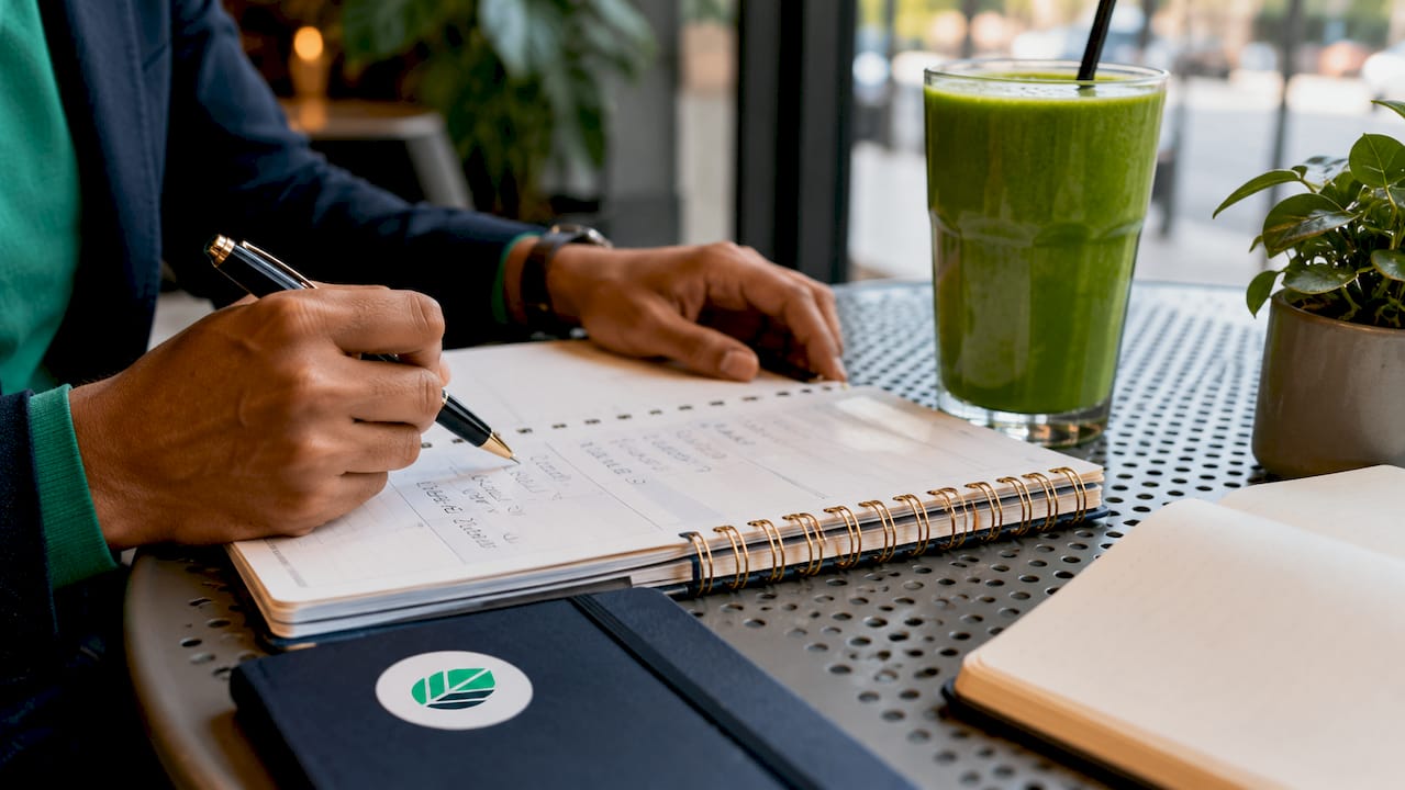 Hands writing measurable goal metrics in planner