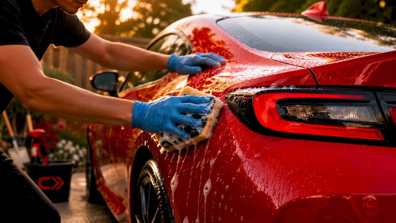 Hands washing car with sponge outdoors