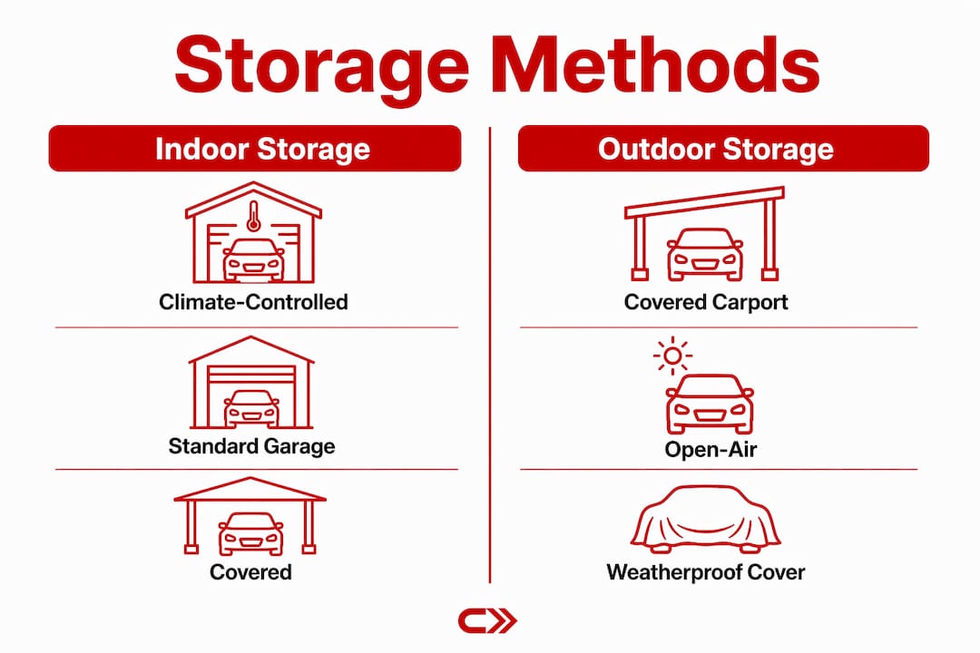 Infographic comparing indoor and outdoor vehicle storage methods