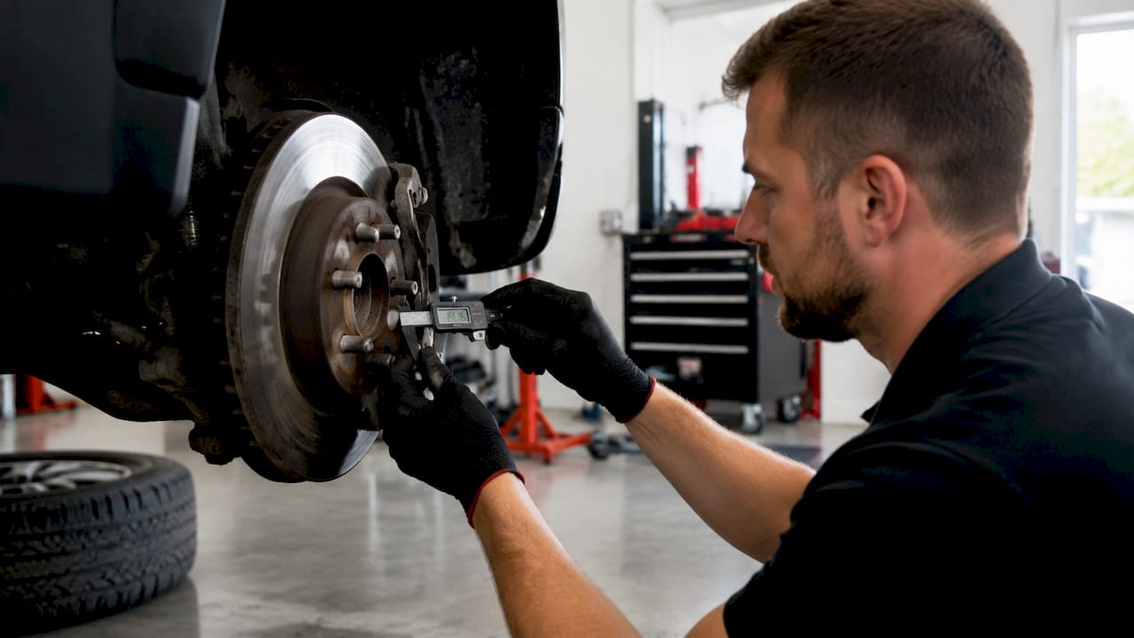 Close-up of hands measuring brake pad thickness