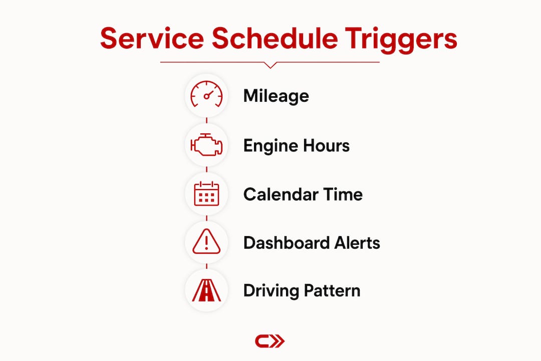 Infographic showing vehicle service scheduling triggers