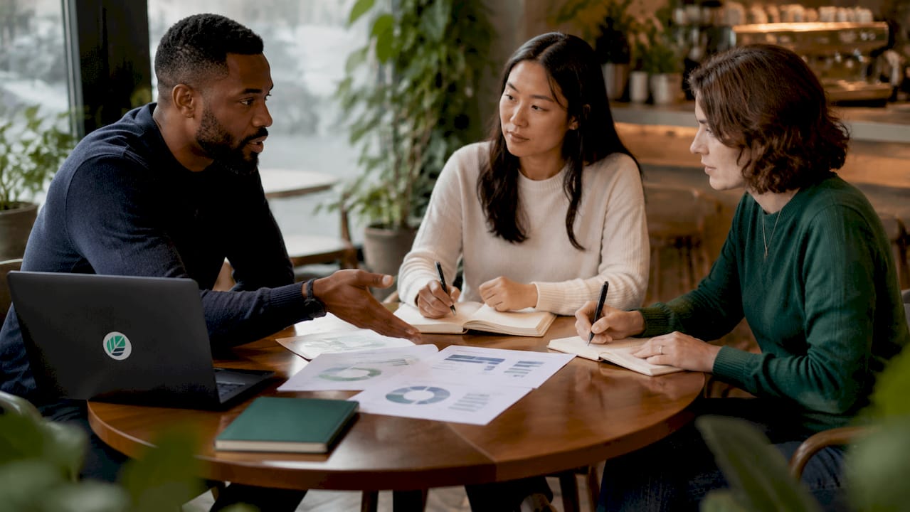 Team discussing performance versus potential charts