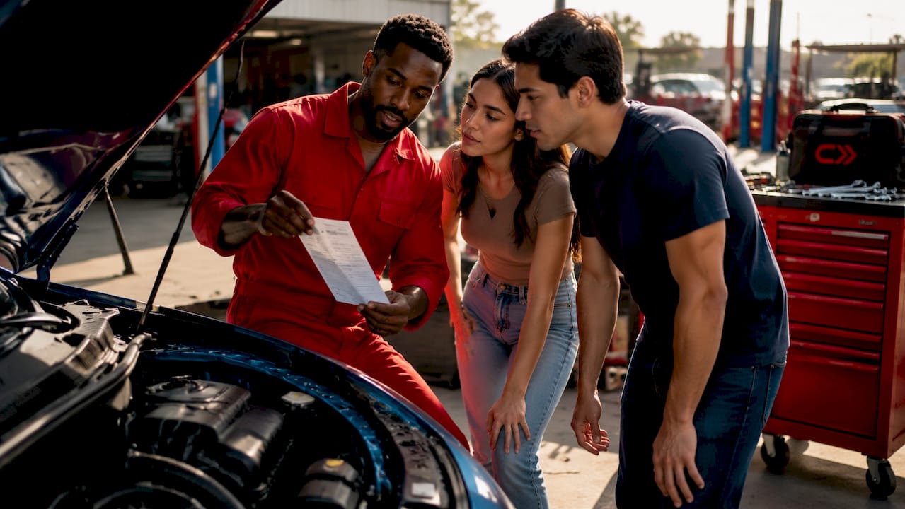 Mechanic explaining car service receipt to couple