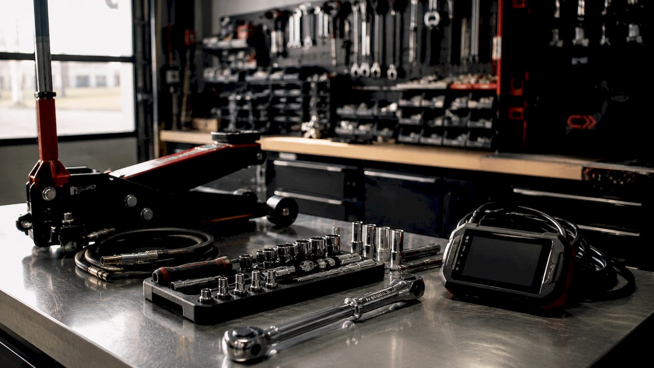 Close-up of essential automotive tools on workbench