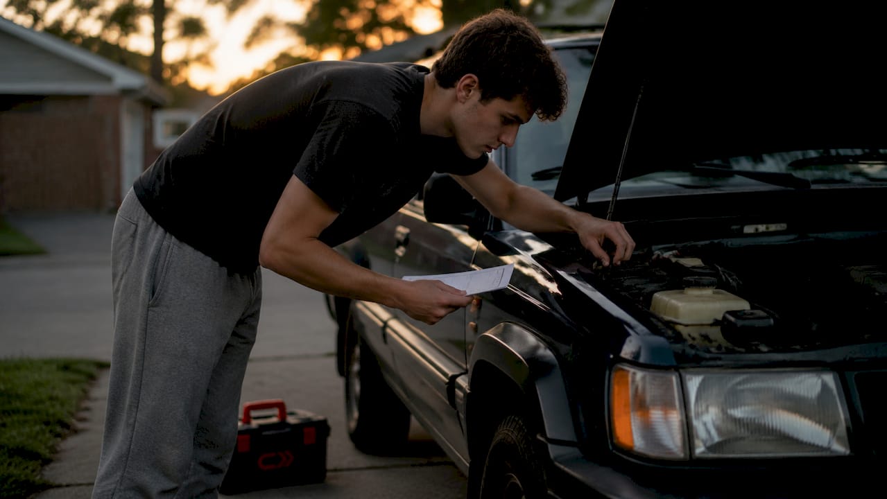 Buyer inspecting used car engine with recall report