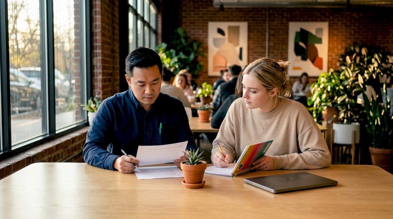 Manager and employee aligning goals in office