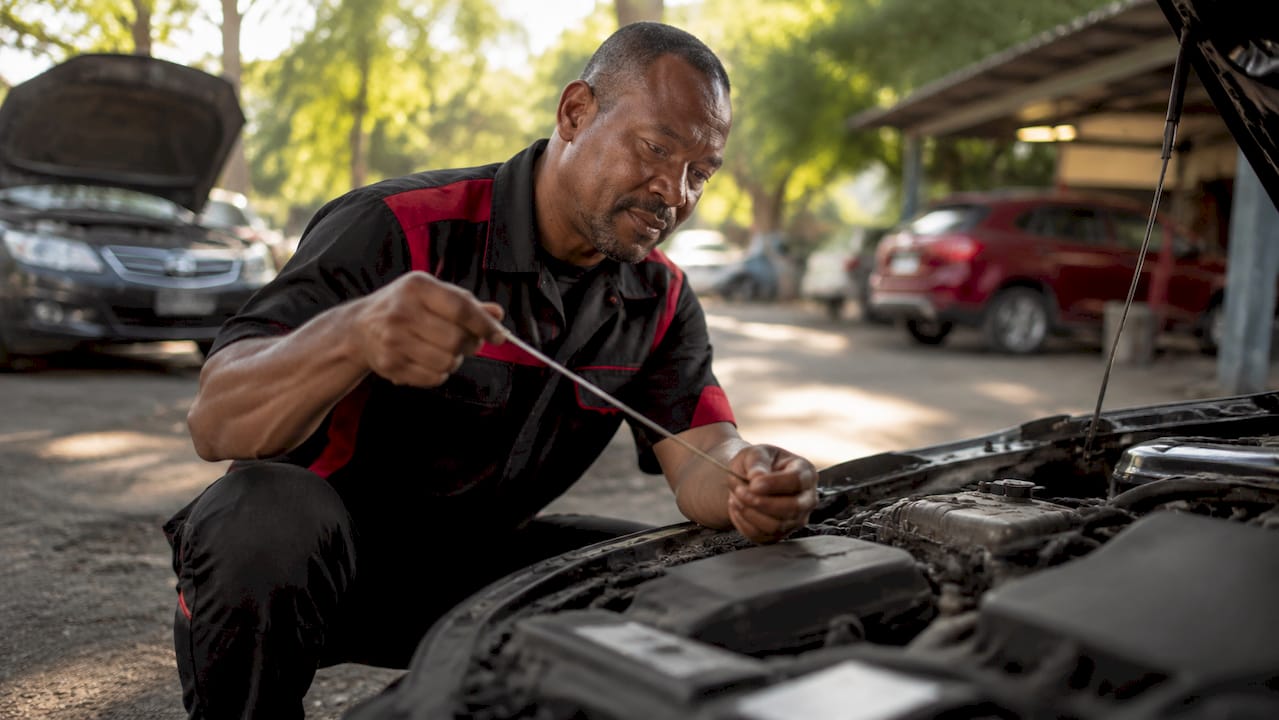 Mechanic inspecting motor oil in engine