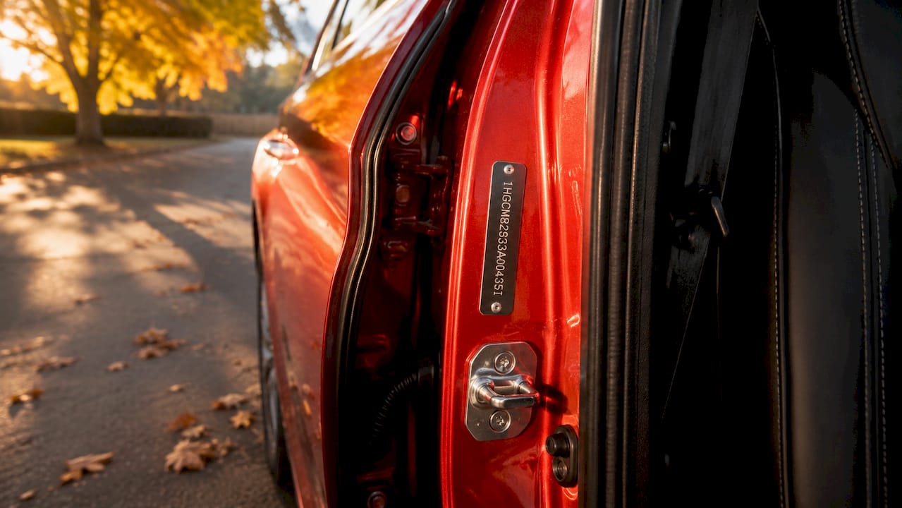 Close-up of VIN plate on car door jamb