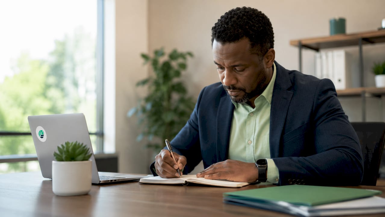 HR manager writing SMART goals notes