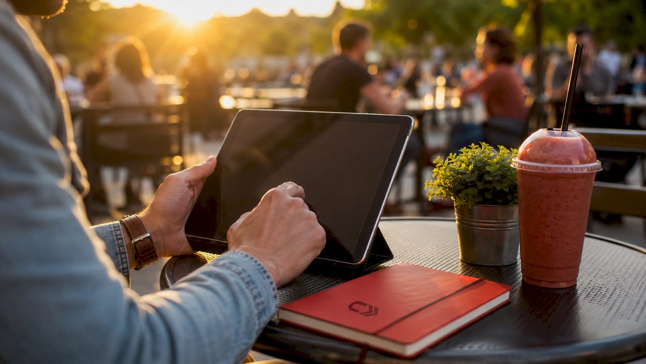 Hands updating car price on tablet in coffee shop