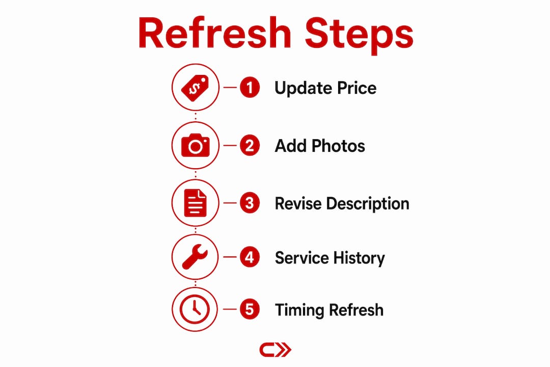 Infographic showing step-by-step vehicle listing refresh elements