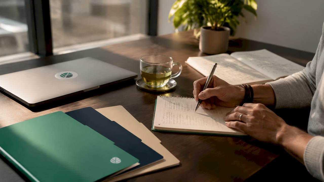 Overhead view of benchmarking materials and note-taking