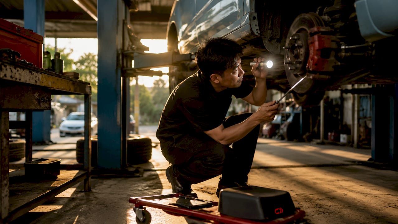 Mechanic inspecting car brake components