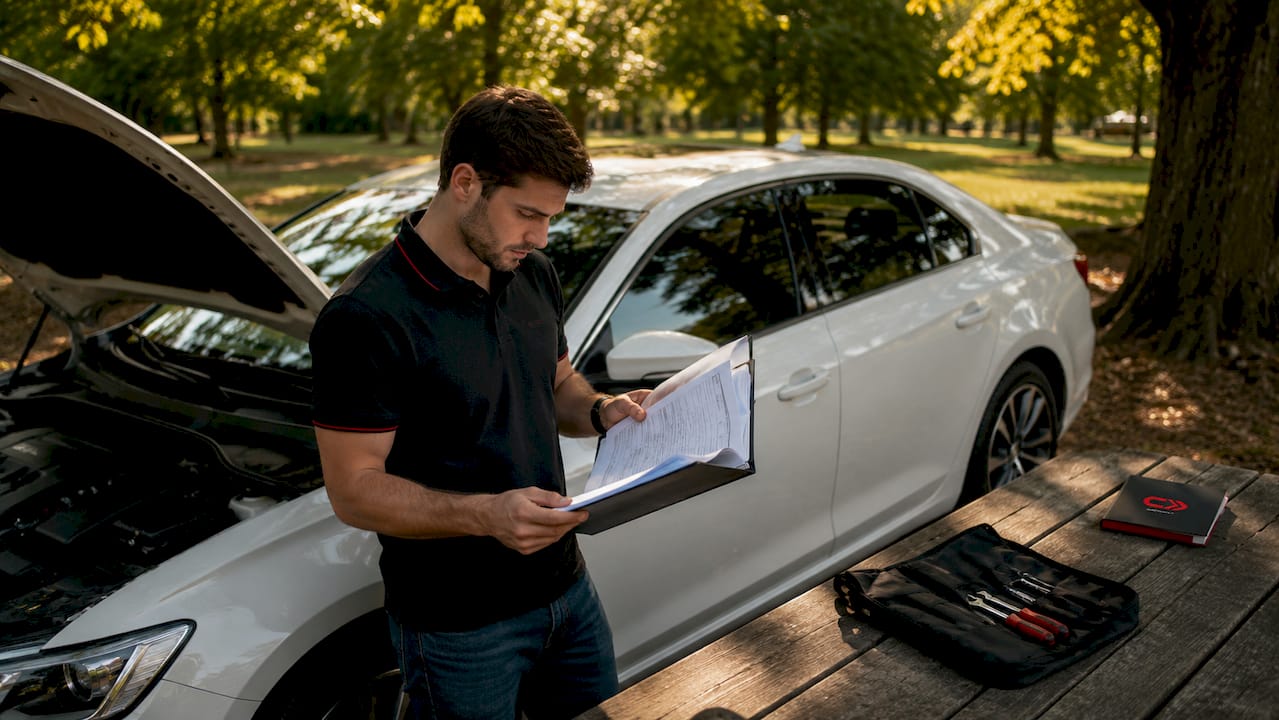Buyer reviewing car service folder near vehicle