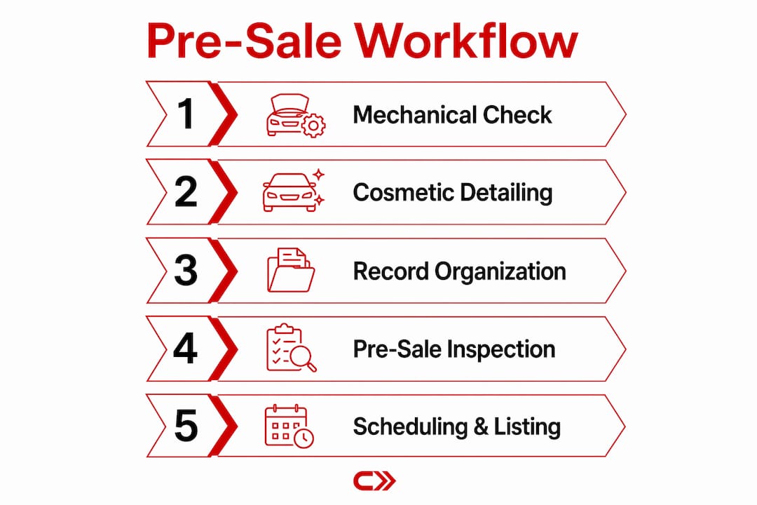 Infographic illustrating five steps in pre-sale maintenance workflow