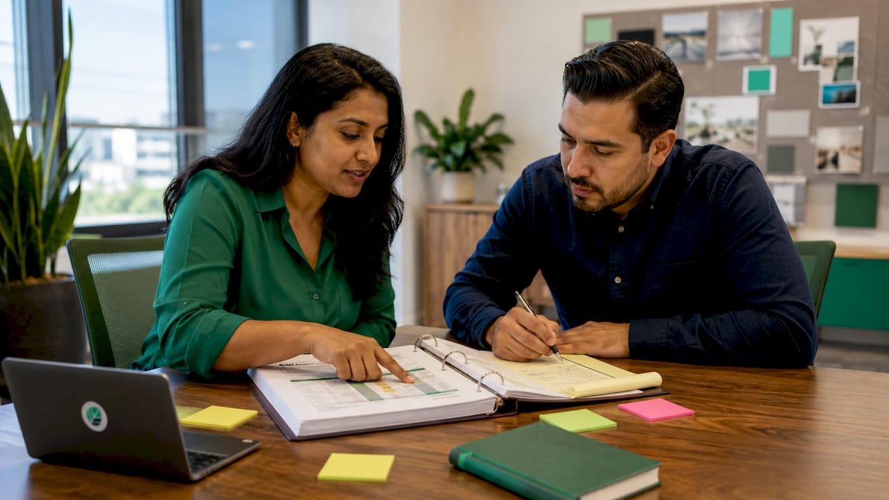 Two professionals reviewing competency framework