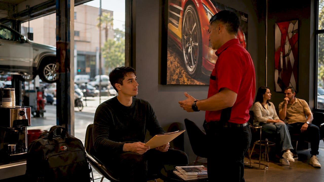 Customers and technician in auto repair waiting area