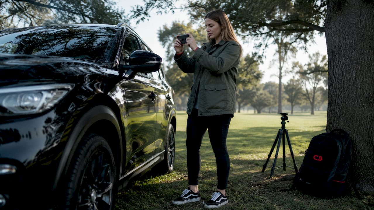 Woman photographing car for sale listing