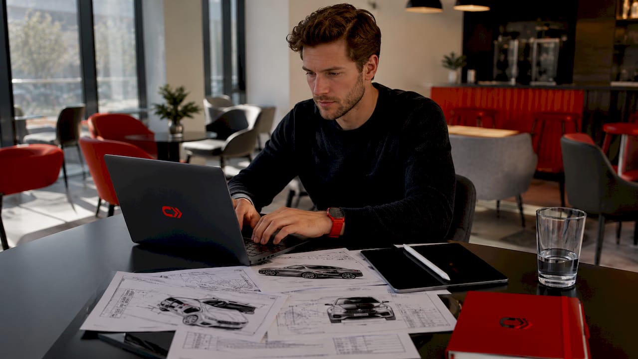Hands typing on laptop with car specs nearby
