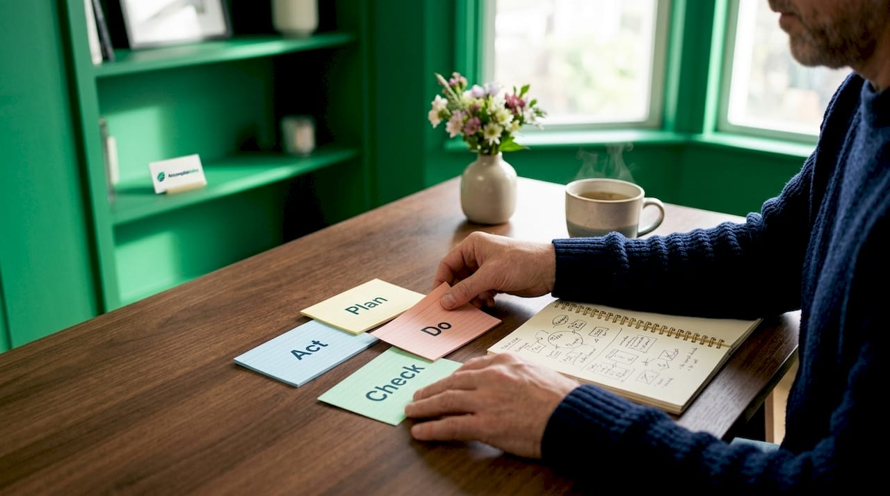 Hands arranging PDCA cycle cards on desk