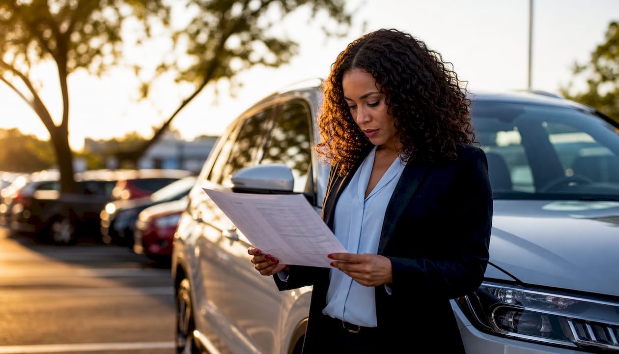 Sales consultant reviewing vehicle appraisal report