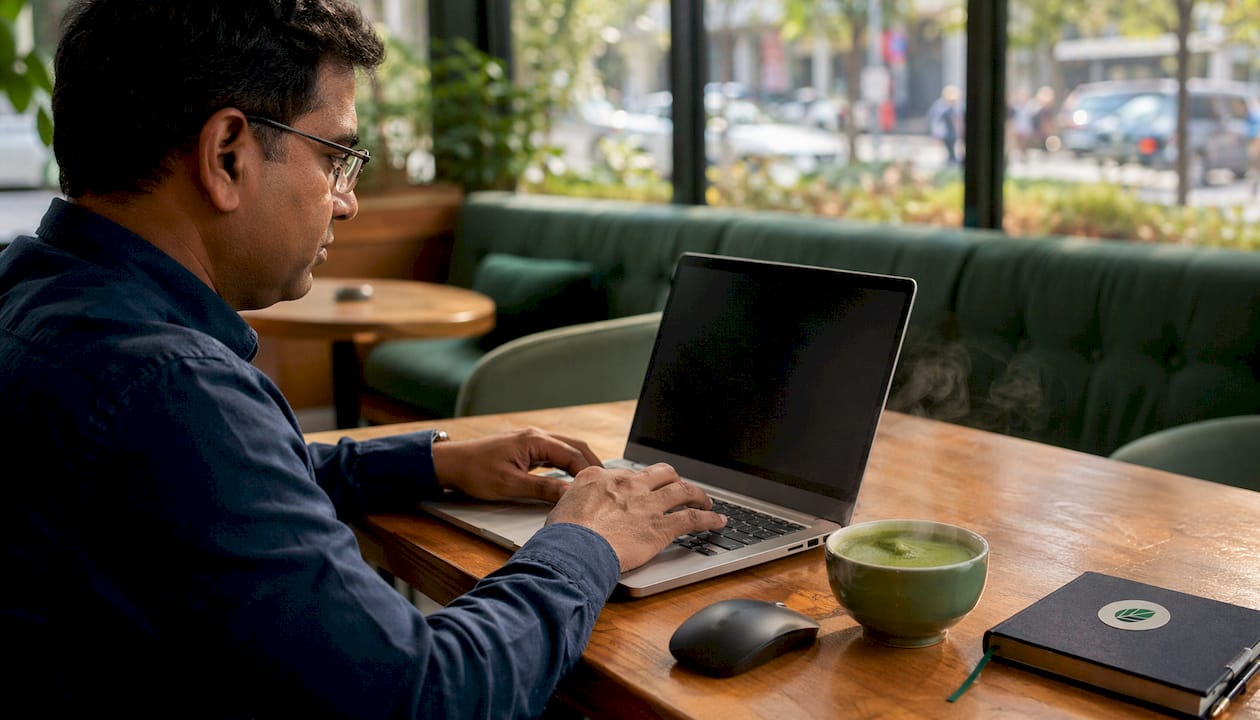 Hands typing on laptop keyboard reviewing metrics