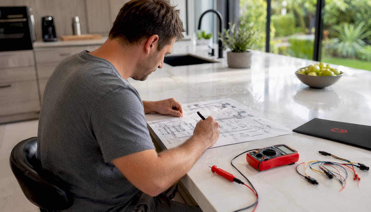 Hands marking custom wiring diagram with tools