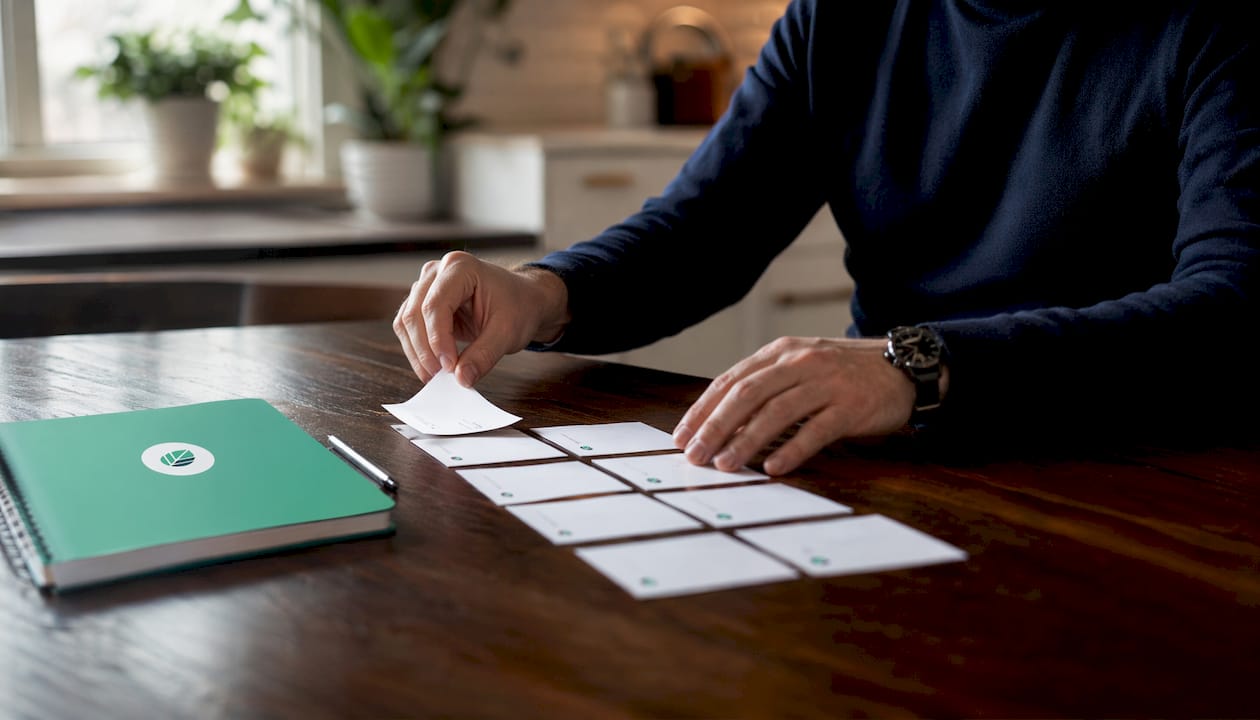 Hands organizing performance metrics cards on desk