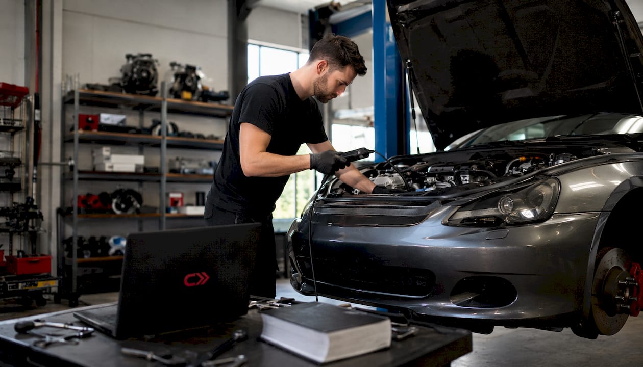 Technician performing ECU remapping in garage