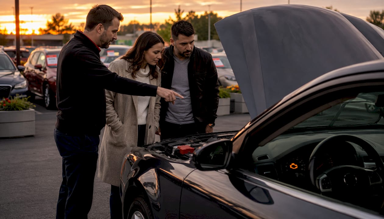 Car buyers consulting salesperson about check engine light