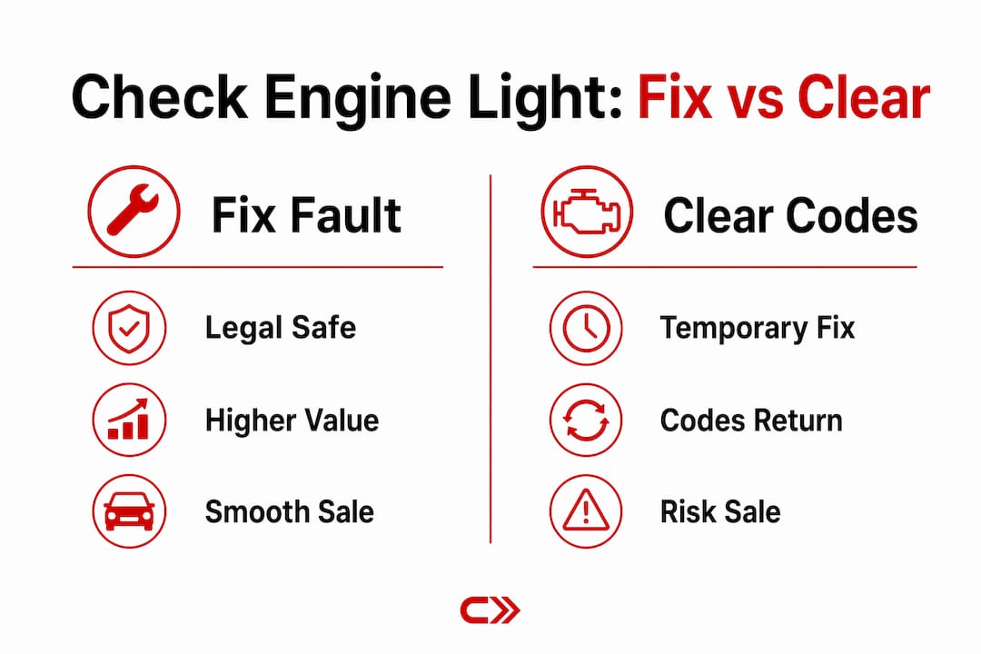 Infographic comparing fixing fault vs clearing codes before sale