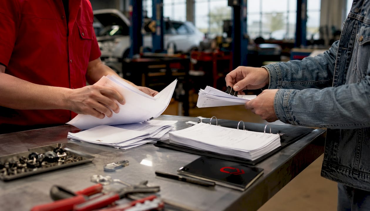 Hands sorting repair receipts on workshop table