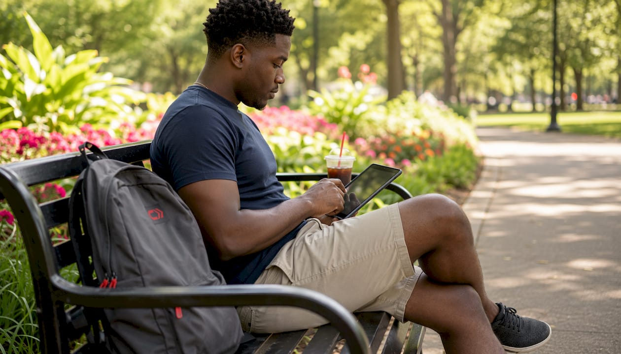Man organizing digital service records on tablet in café