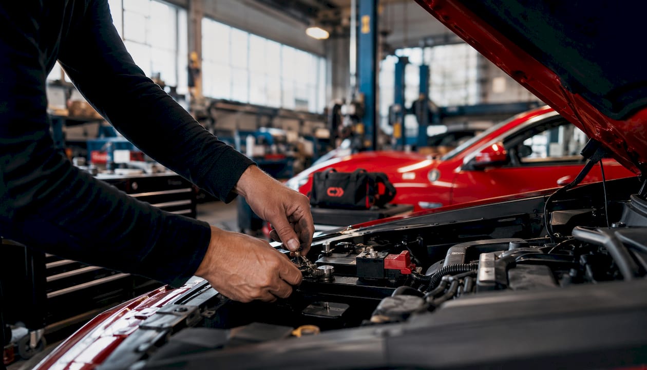 Hands cleaning car battery terminal corrosion
