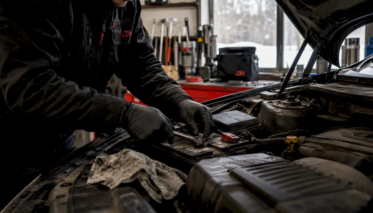 Hands testing car battery voltage with meter