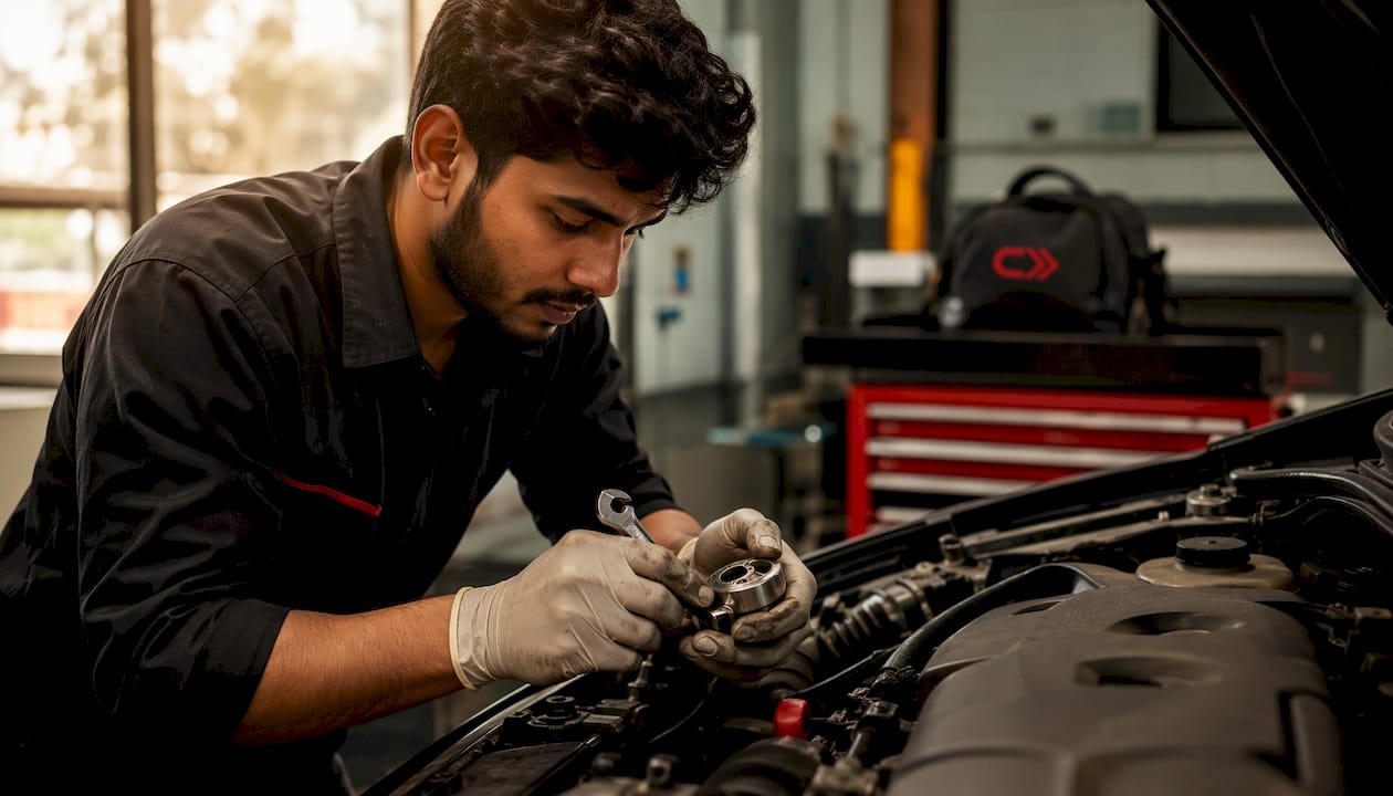 Mechanic inspecting car engine components close-up