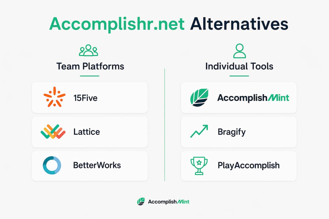 Infographic comparing accomplishr.net alternatives categories